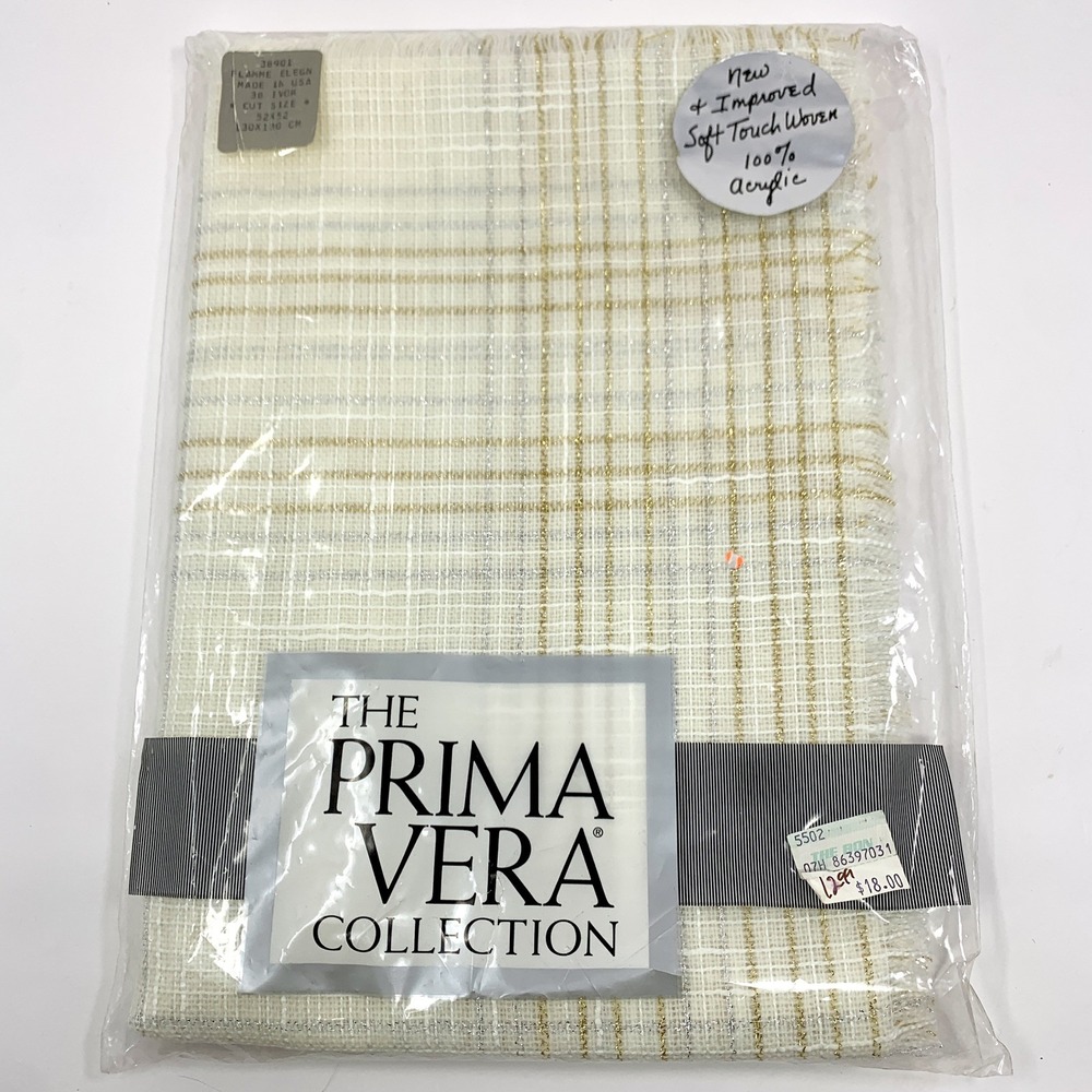 Vintage Prima Vera Ivory, Gold & Silver Thread Fringed Table Cloth 52x52 Holiday